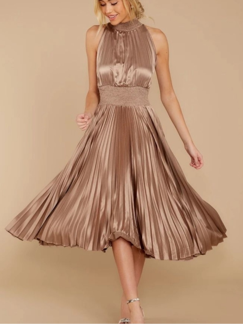 Anthropologie DO+BE Pleated Halter Midi Dress Taupe Champagne Size Medium EUC